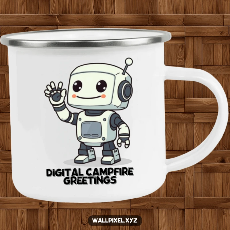 Funny camping mug featuring a smiling pixelated robot waving with a digital arm, ideal for retro sci-fi fans on outdoor adventures.