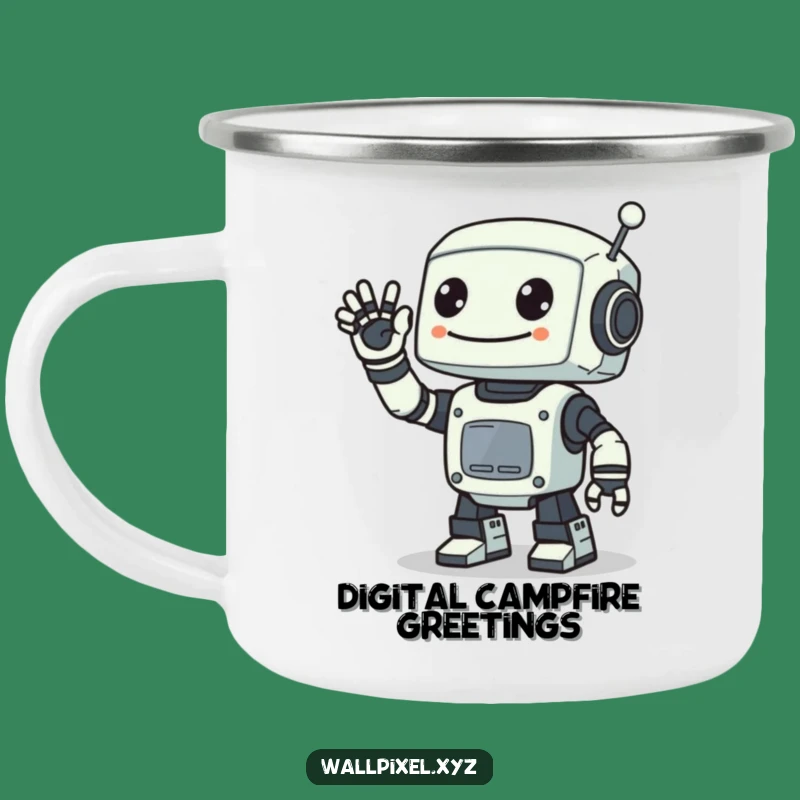 Funny Pixel Robot Wave Camping Mug: Retro Sci-Fi Style for Outdoor Adventures