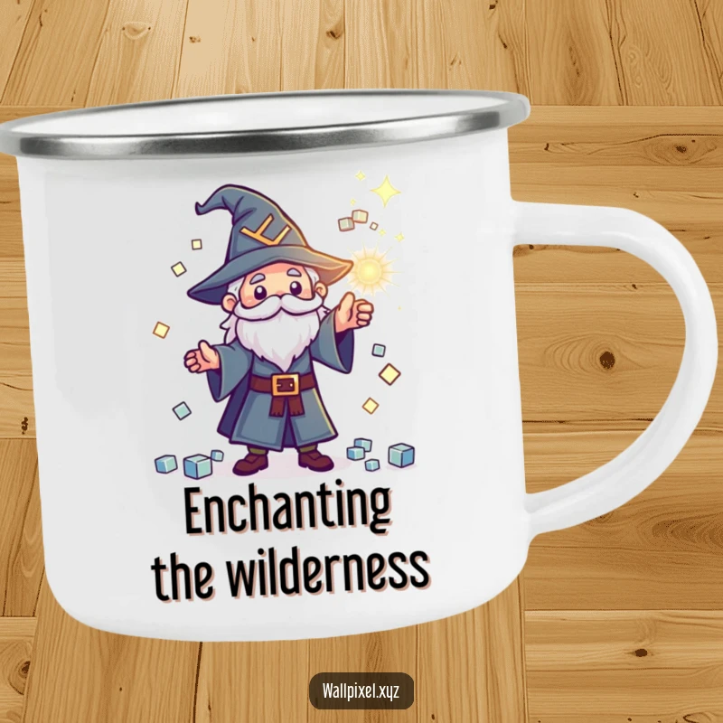 Funny pixel wizard camping mug, tiny wizard casting a spell creating sparkling cubes, outdoor retro gear.