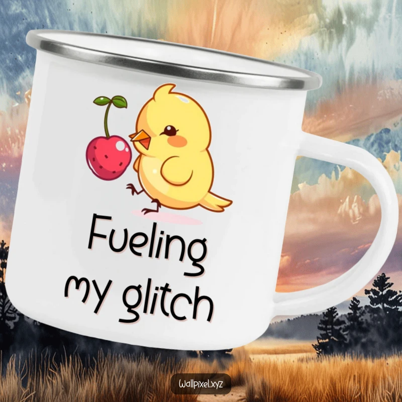 Funny camping mug with a pixel art design of a small, angular bird character playfully pecking at a floating pixelated berry.