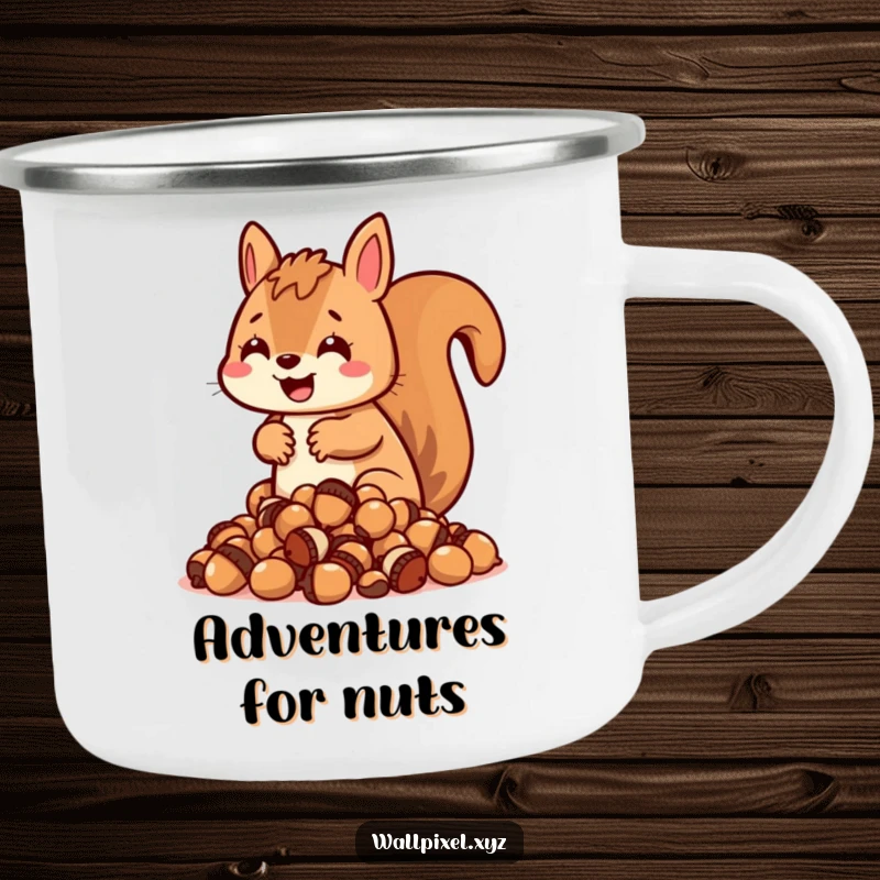 Funny blocky squirrel camping mug, character hoarding pixelated acorns, retro outdoor gear.
