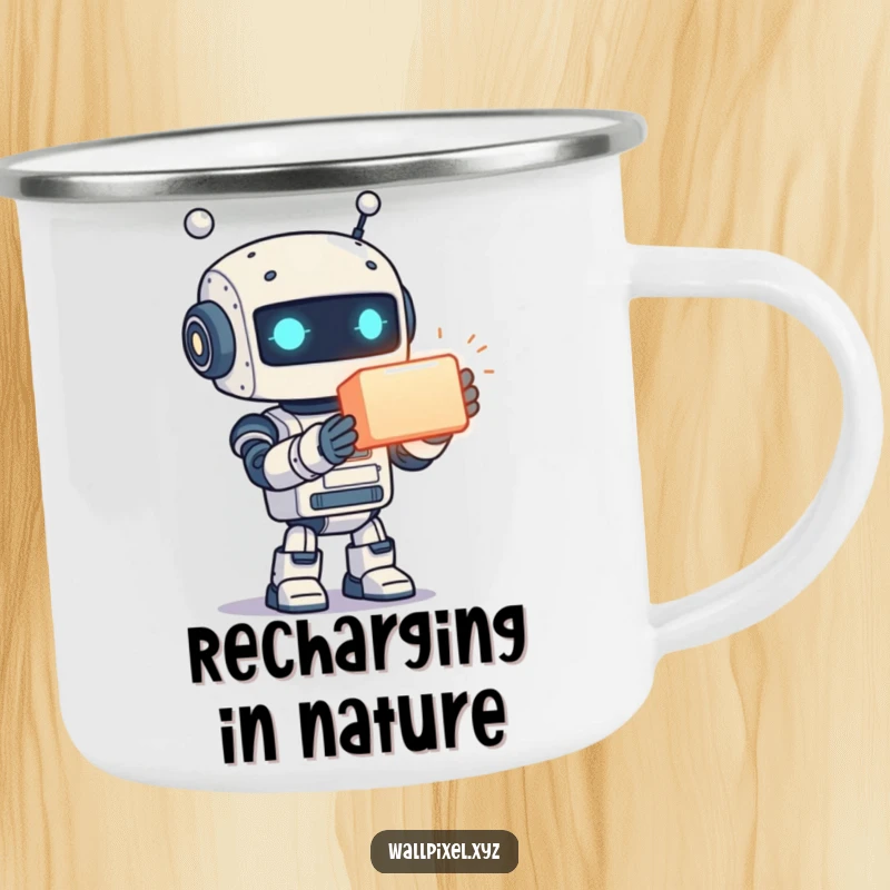 Funny camping mug showcasing a pixelated robot ready to share a glowing cube, built for rugged use and cheerful moments.
