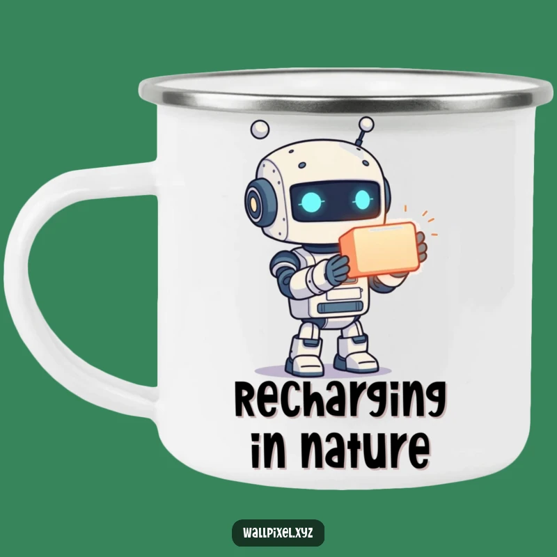 Funny Camping Mug: Pixelated Robot Adventure, Glowing Cube Fuel, Outdoor Sci-Fi Fun