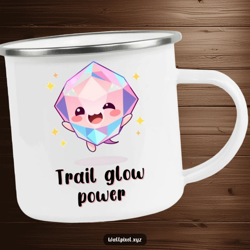 Funny gem bounce camping mug featuring a faceted gem character bouncing energetically with a cheerful glow. Outdoor companion.