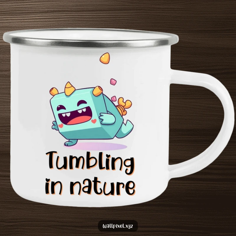Funny blocky monster character making a funny face while tumbling end over end on a camping mug.