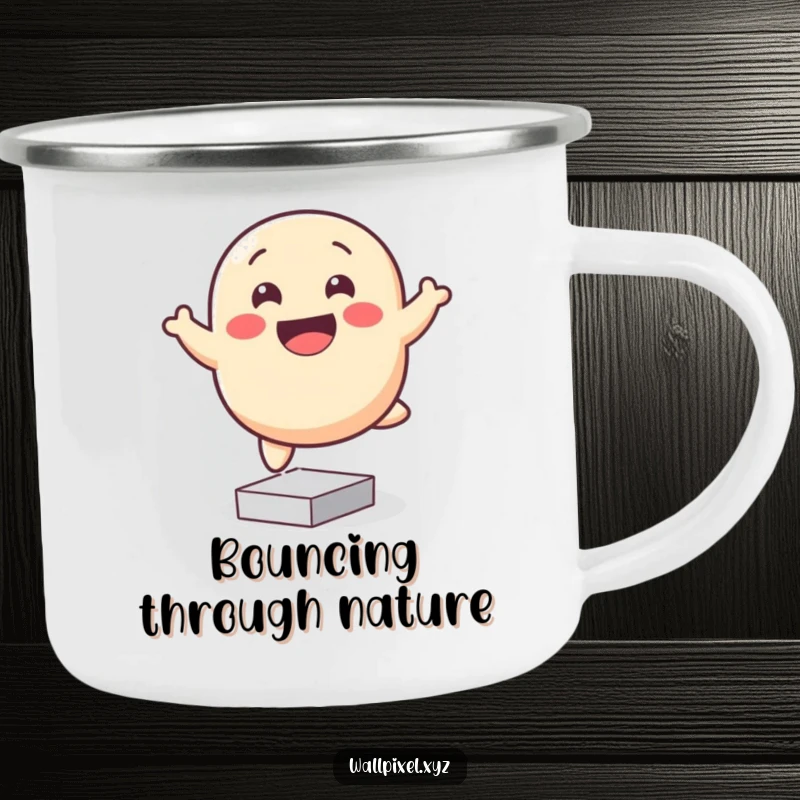 Funny pixelated blob camping mug, smiling and bouncing happily on square pixels, ideal for outdoor cheer.