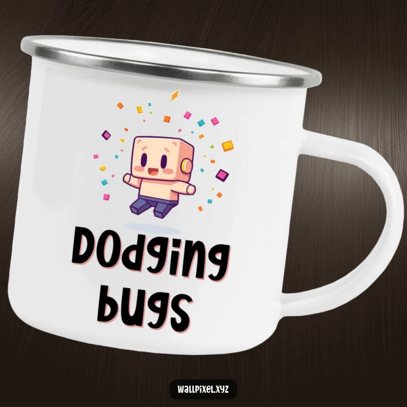 Funny camping mug featuring a blocky pixel character comically dodging pixelated confetti, perfect for retro gaming enthusiasts outdoors.