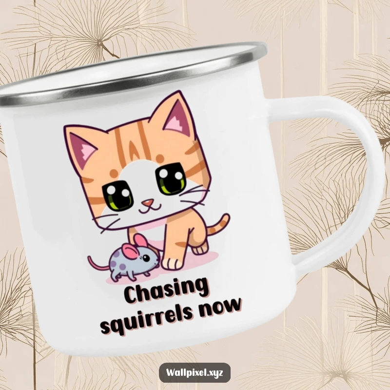 Funny blocky cat camping mug, with exaggerated pixel eyes, chasing a pixelated mouse, ideal for outdoor fun.