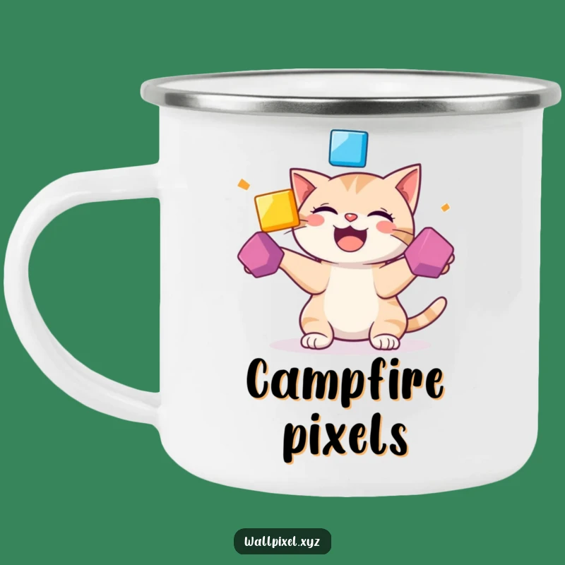 Funny Pixel Cat Camping Mug: Giggling Juggling Cat, Outdoor Funny Gift