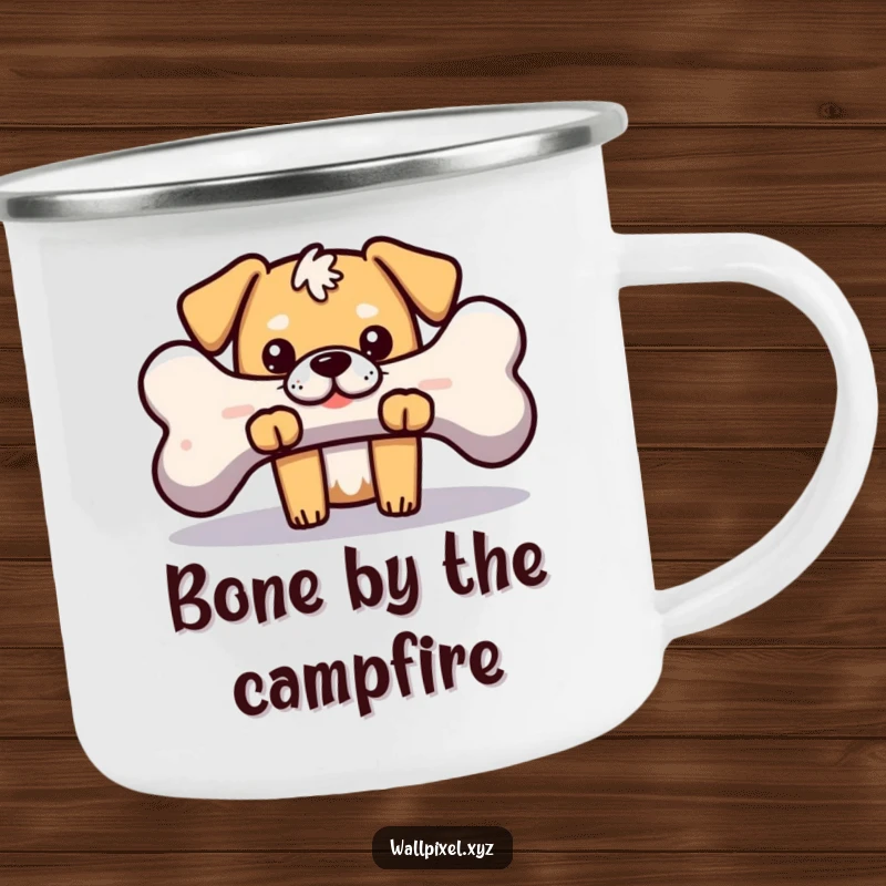 Funny camping mug featuring a blocky pixelated dog peeking from behind a pixelated bone, ideal for retro gaming fans and outdoor dog lovers.