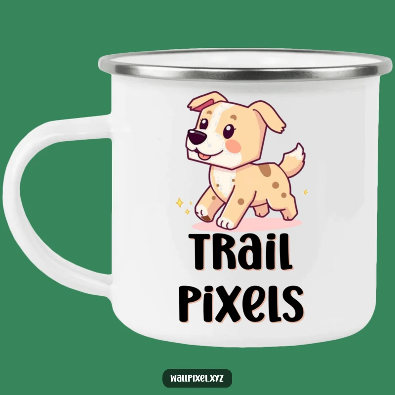 Funny Pixel Dog Camping Mug: Chasing Tail, Outdoor Funny Gift
