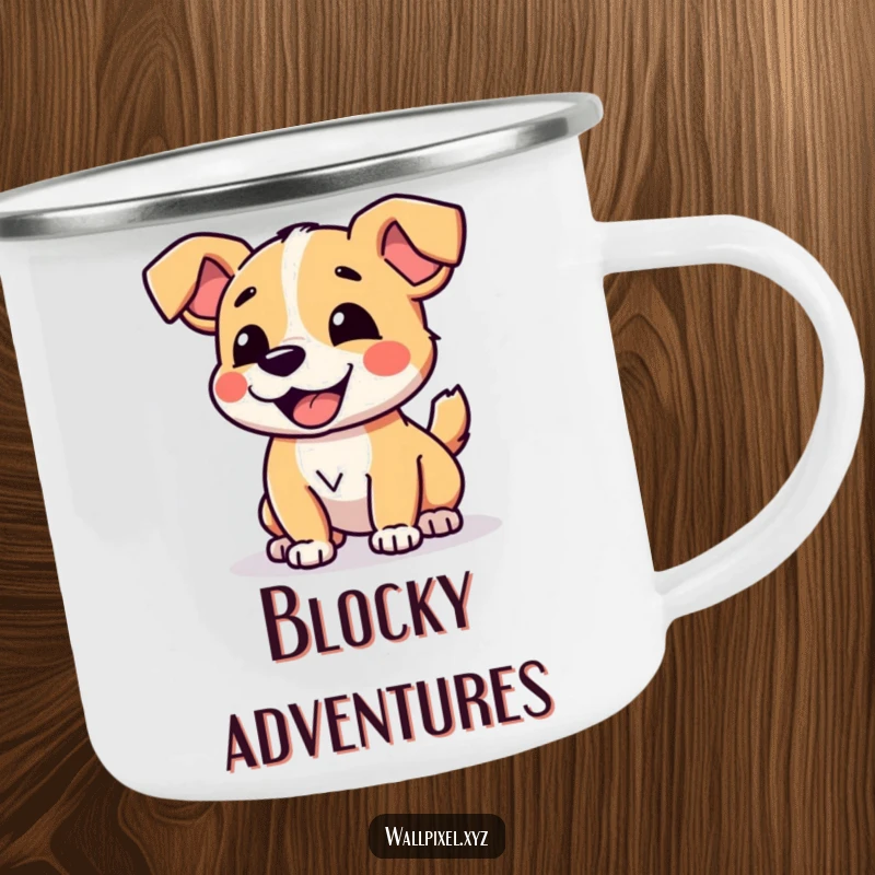Funny Pixelated Dog Camping Mug with a charming digital dog joyfully wagging its blocky tail, ready for campfire fun.