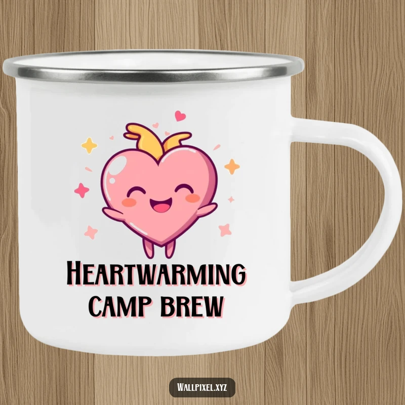 Funny pixel heart camping mug featuring a joyful character pulsing rhythmically, perfect for outdoor adventures.
