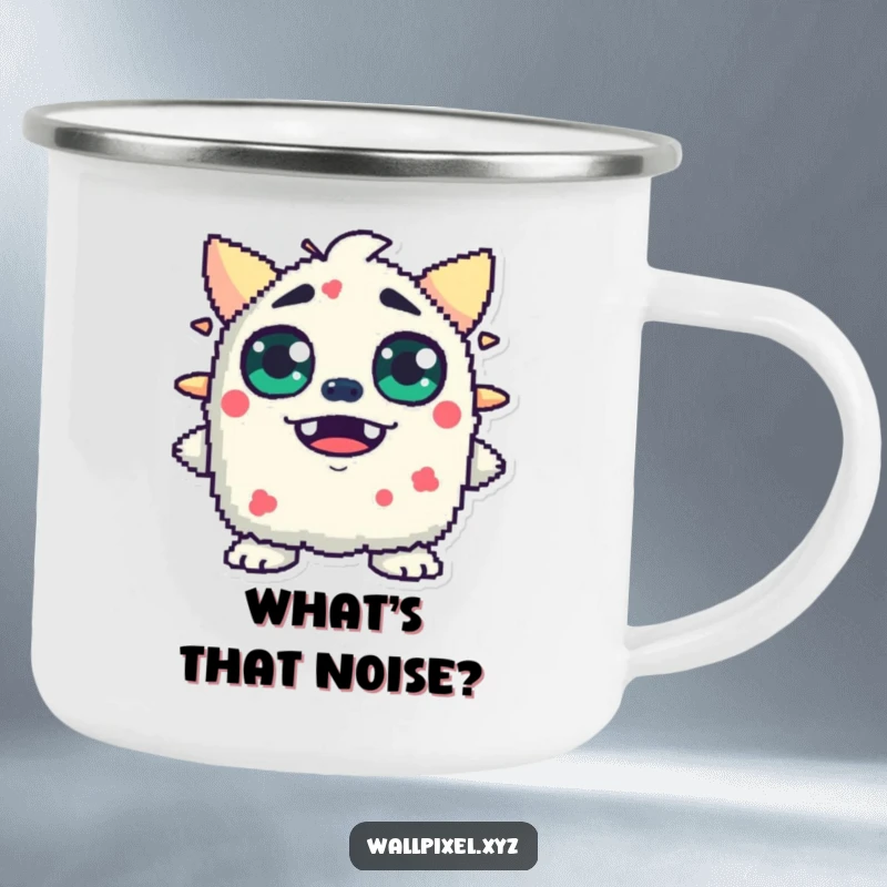 Funny camping mug showing a pixelated monster with wide, blocky eyes, expressing surprise, perfect for outdoor enthusiasts.