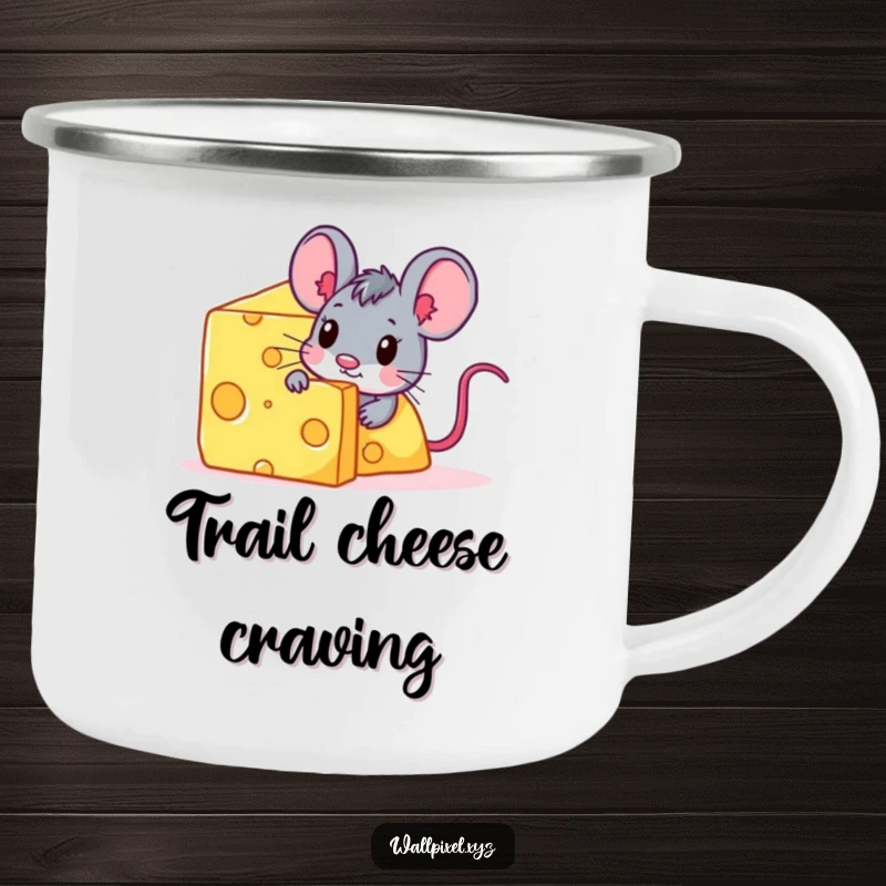 Funny pixelated mouse character peeking from behind a giant digital cheese block on a camping mug.