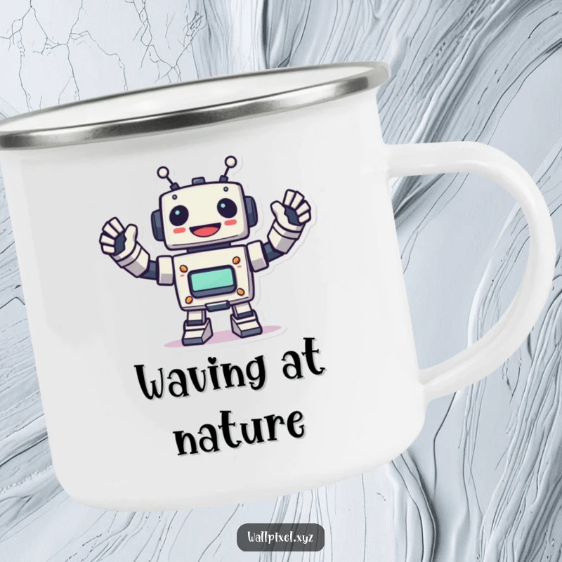 Funny pixel robot camping mug featuring a robot waving energetically, perfect for retro tech fans on outdoor excursions.