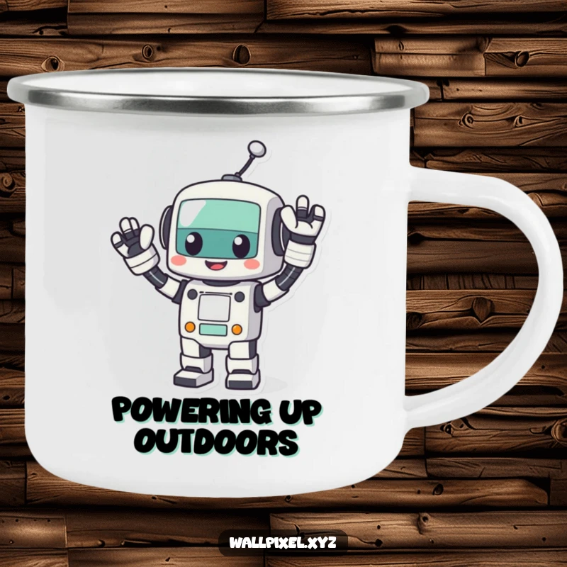 Funny pixel robot camping mug, a cheerful blocky robot waving energetically, designed for retro tech adventures.