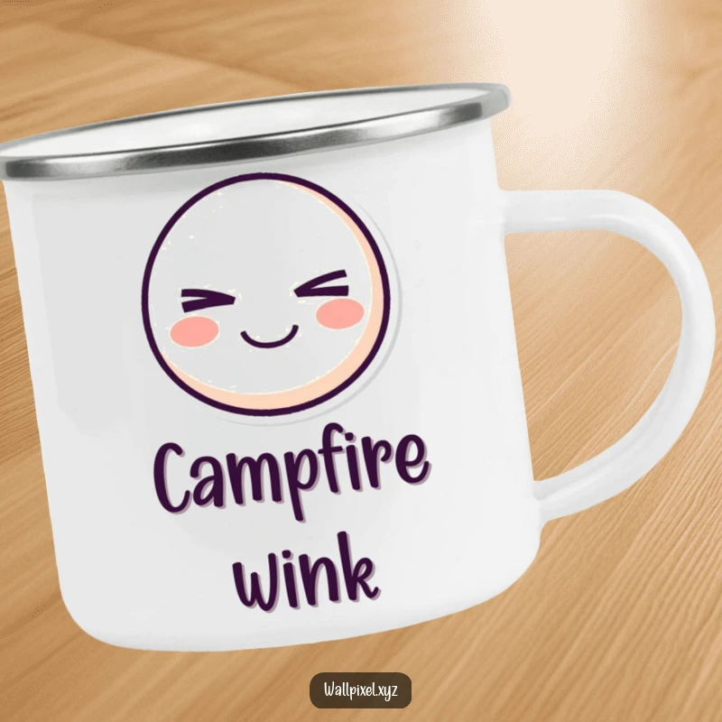 Funny pixel smiley face camping mug featuring a retro character winking mischievously, perfect for outdoor excursions.