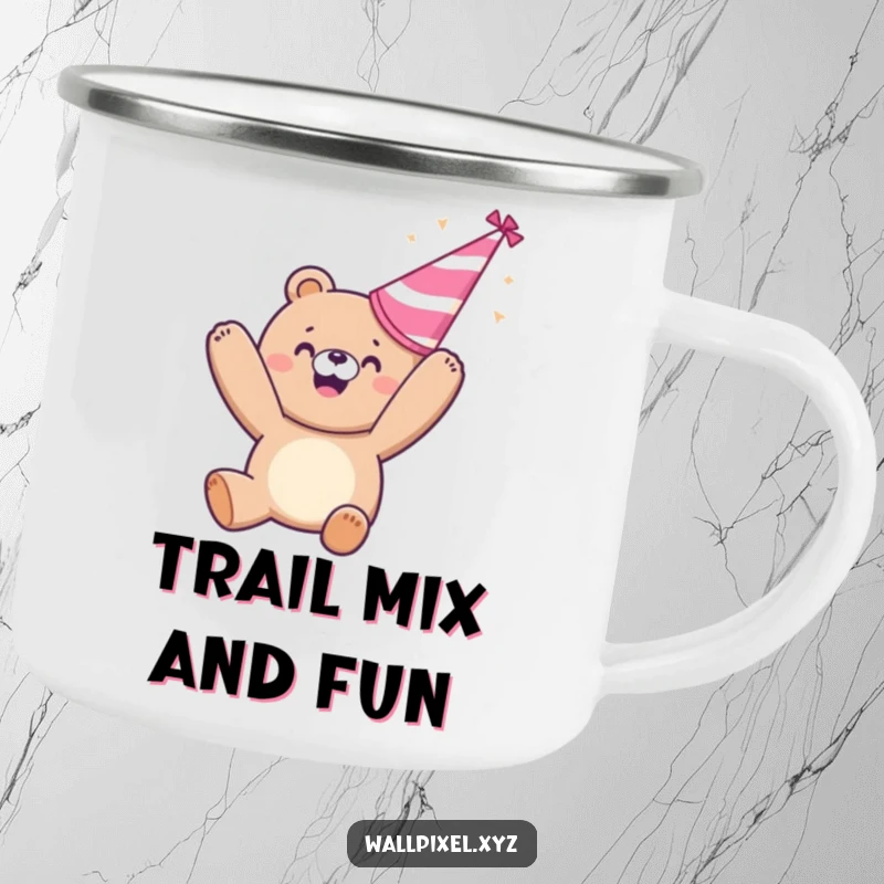 Funny camping mug: A joyful pixelated bear tosses a party hat, a humorous and durable mug for outdoor celebrations.