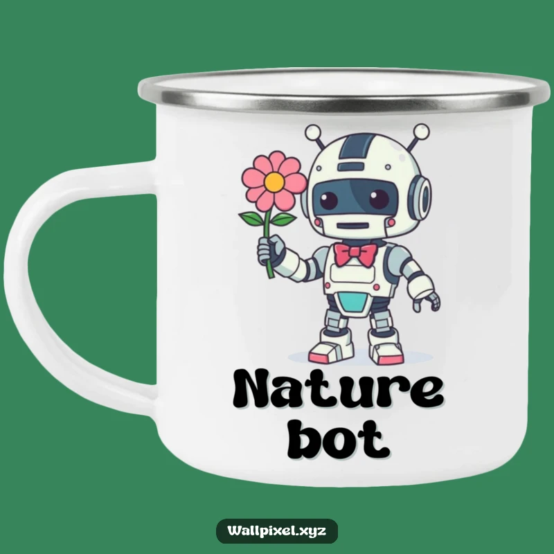 Funny Retro Robot Flower Enamel Camping Mug, Adventure Gift