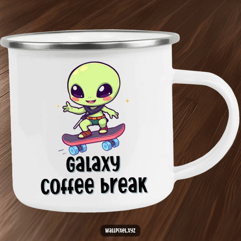 Funny camping mug: A winking pixelated alien rides a glowing block skateboard, a humorous and durable mug for space explorers.