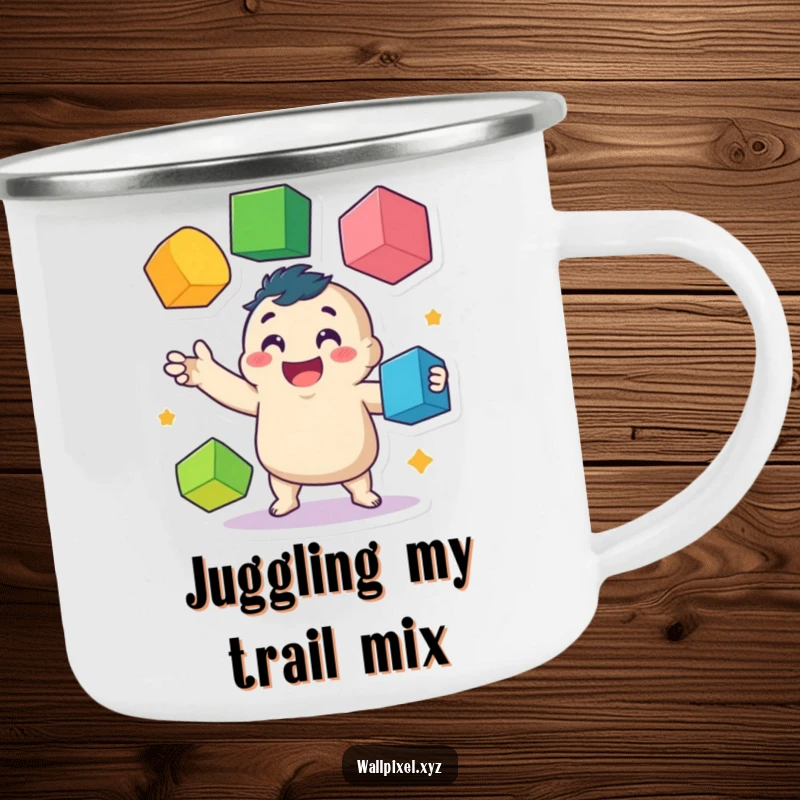 Funny camping mug featuring a wobbly pixel character juggling colorful cubes, built for outdoor fun and cheerful sips.