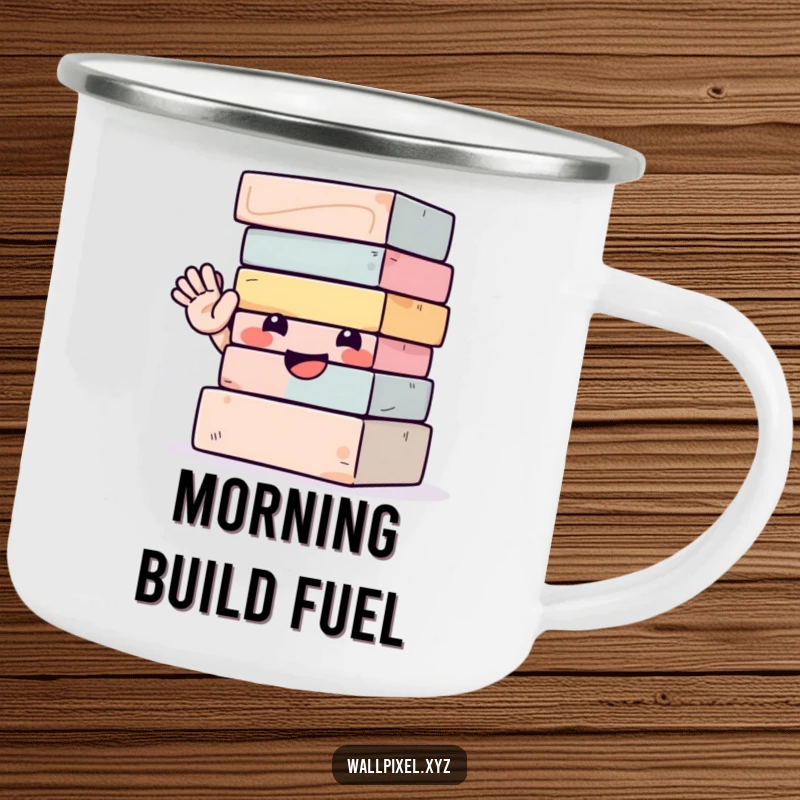 Funny camping mug with a durable design of a smiling block tower enthusiastically waving, ready for any adventure.