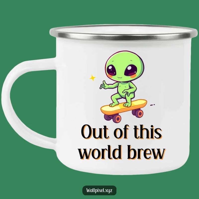 Funny Pixel Alien Skateboard Camping Mug Retro Outdoor Adventure Gift