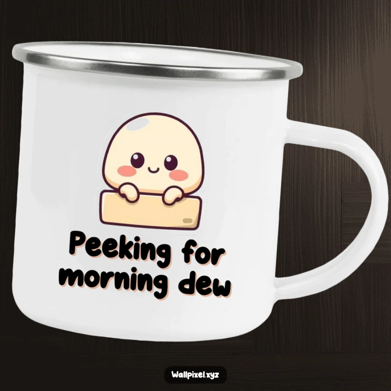 Funny camping mug with a small pixelated blob character peeking from behind a block, for humorous outdoor enjoyment.
