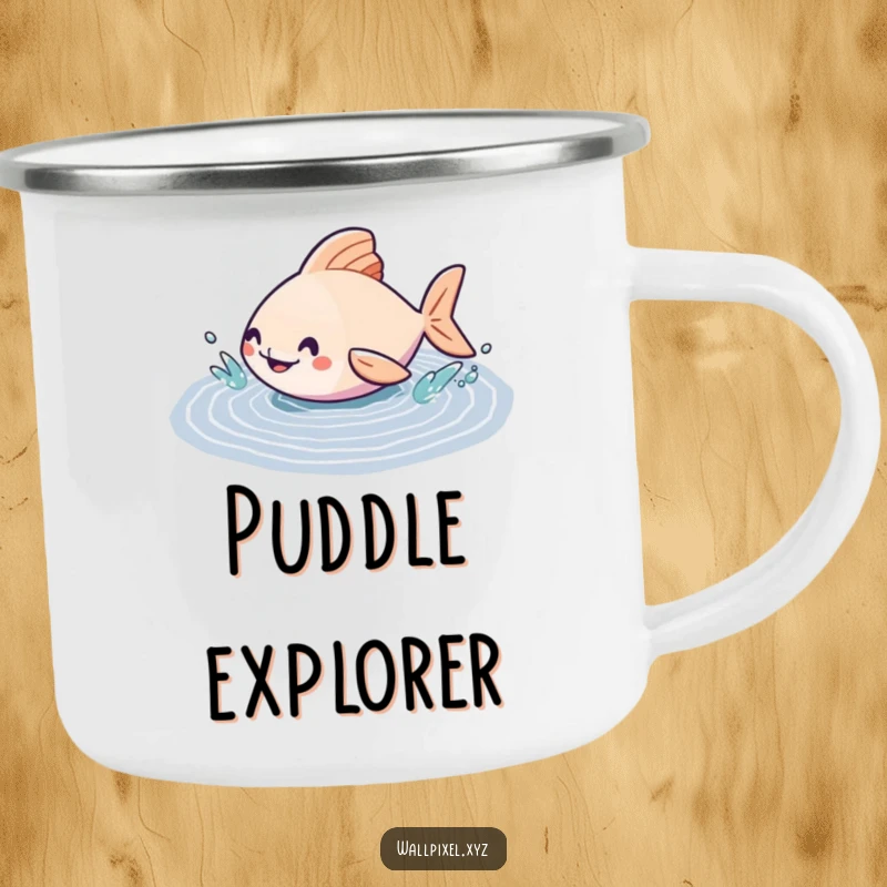 Funny camping mug showing a geometric fish character splashing in a pixelated puddle, perfect for outdoor enthusiasts who love art.