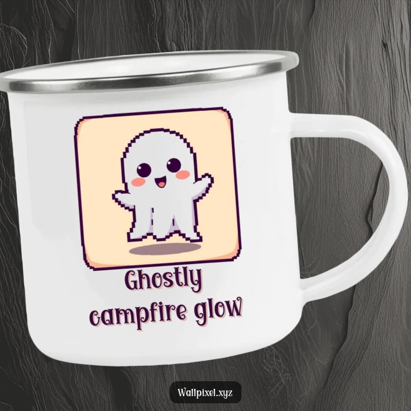 Funny camping mug with a pixelated ghost character playfully haunting a square, for humorous outdoor enjoyment.