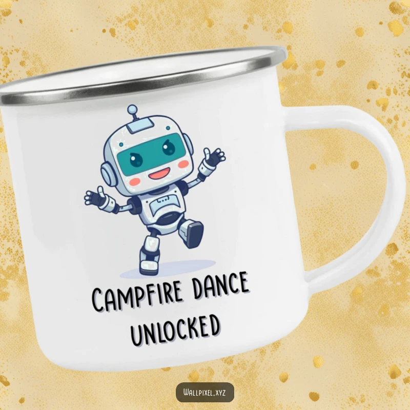 Funny camping mug with a pixelated robot character doing a happy, clumsy dance, for humorous outdoor enjoyment.