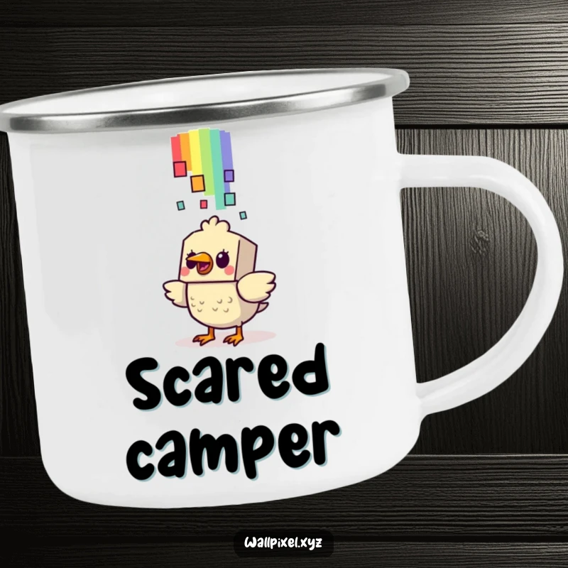 Funny Bird Camping Mug: A blocky bird looks surprised by a falling pixelated rainbow, perfect for retro-themed outdoor drinks.
