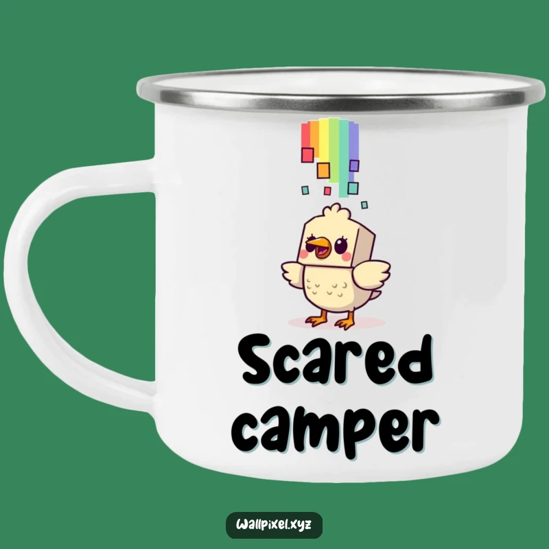 Funny Startled Bird Pixel Rainbow Camping Mug: Retro Outdoor Gift