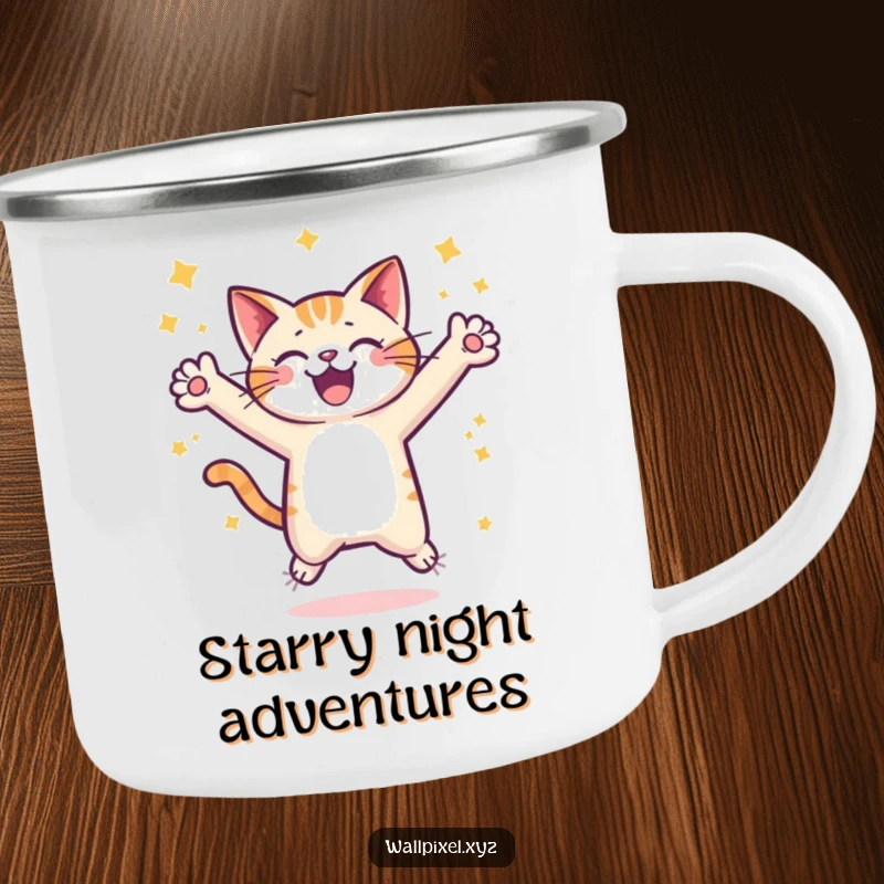 Funny pixel cat camping mug, a pixelated cat joyfully leaping surrounded by stars, designed for retro gaming adventures.