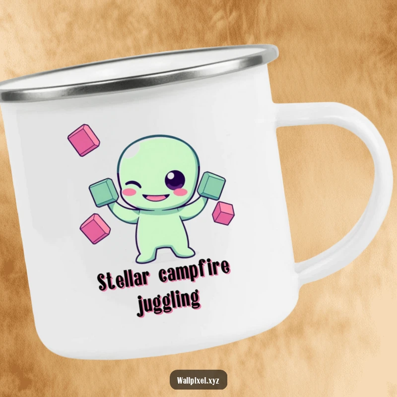 Funny pixel art camping mug showing a grinning pixelated alien character winking while juggling squares, bringing retro sci-fi vibes to outdoor adventures.