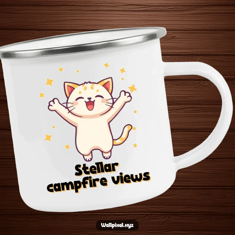 Funny pixel cat camping mug featuring a joyful leap and stars, perfect for retro gaming fans on outdoor excursions.