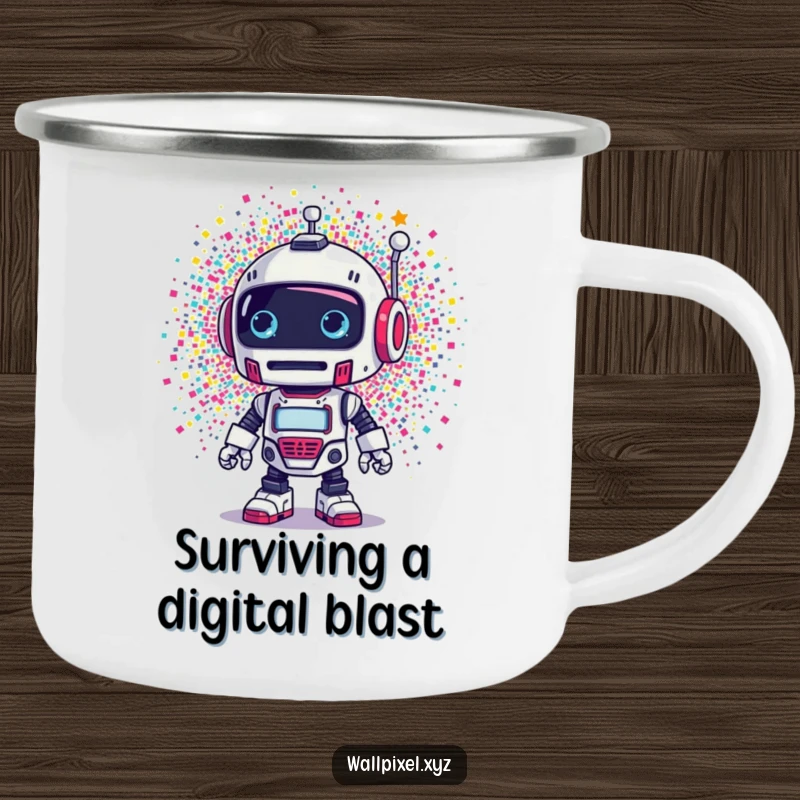 Funny camping mug: A retro robot reacts comically to a burst of colorful pixels, a durable and humorous outdoor mug.