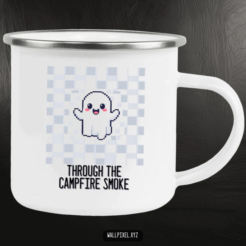 Funny pixelated ghost camping mug, joyfully phasing through a checkerboard wall, ideal for outdoor gaming fans.