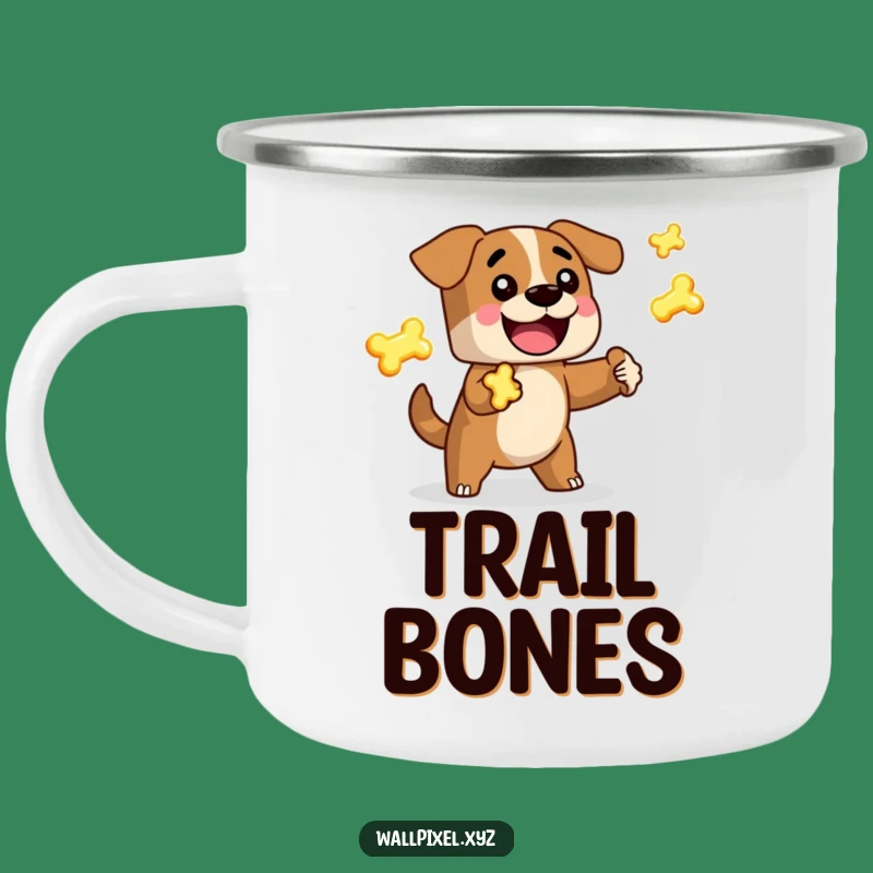 Funny Pixel Dog Juggling Bones Enamel Camping Mug, Adventure Gift