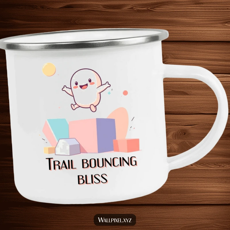 Funny smiling pixel figure bouncing on abstract geometric shapes on a sturdy camping mug.