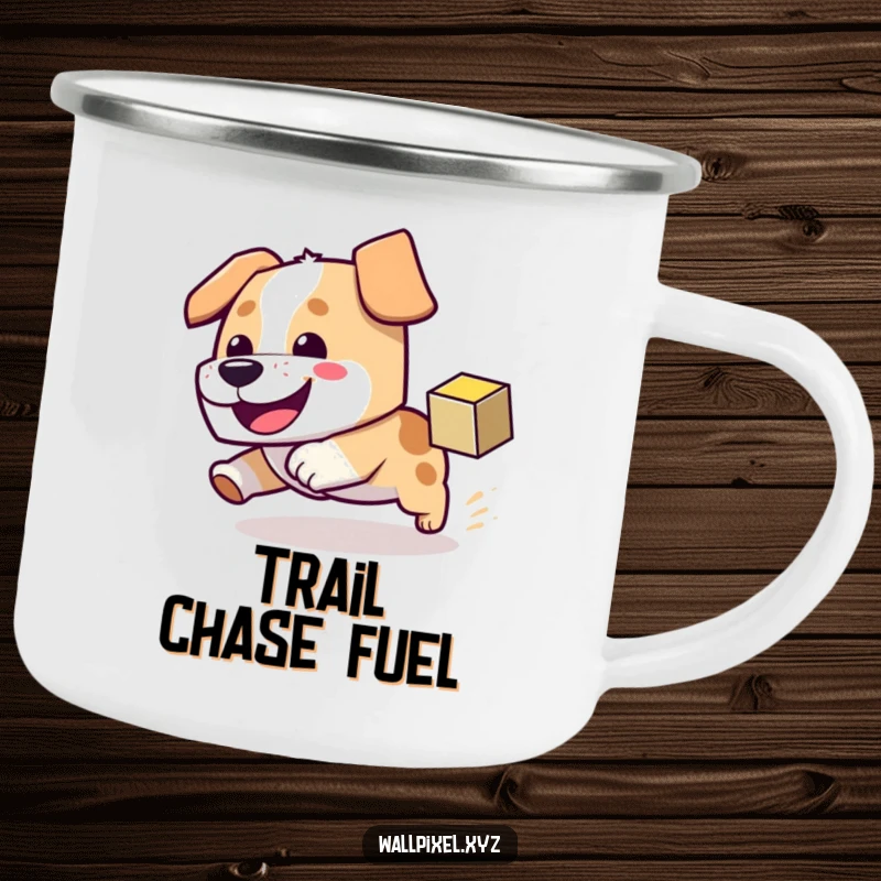 Funny block dog camping mug featuring a dog chasing a pixel cube, perfect for pixel art fans on outdoor excursions.