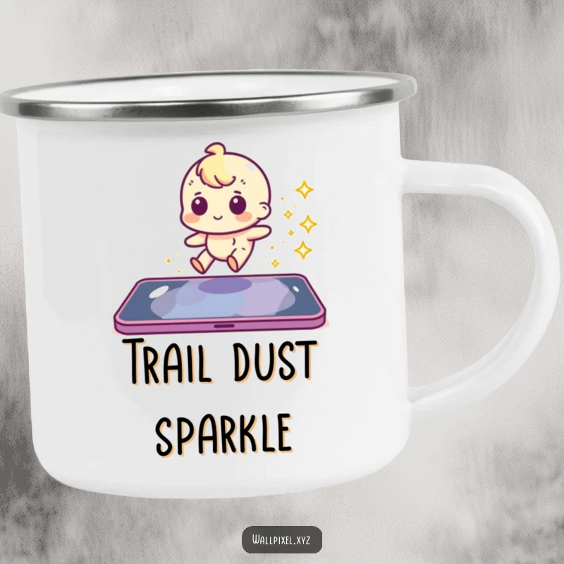 Funny pixel character sliding with a sparkly trail on a sturdy camping mug.