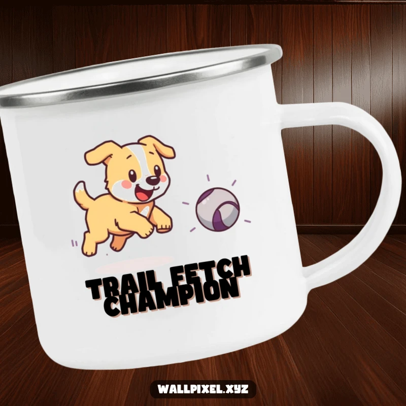 Funny camping mug featuring a pixelated dog chasing a bouncing pixelated ball, great for outdoor humor.
