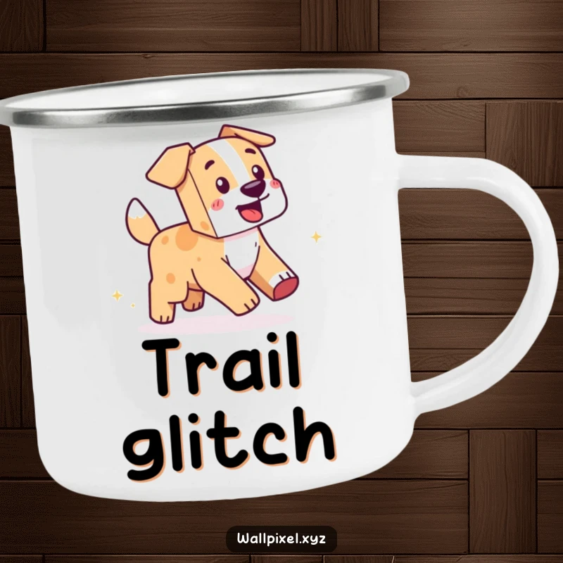 Funny Pixel Dog Camping Mug: A sturdy outdoor mug with a blocky dog chasing its sparkling pixel tail.