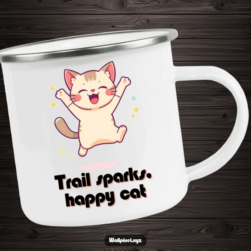 Funny camping mug featuring a pixelated cat jumping joyfully with digital sparkles, ideal for retro gaming fans on outdoor adventures.