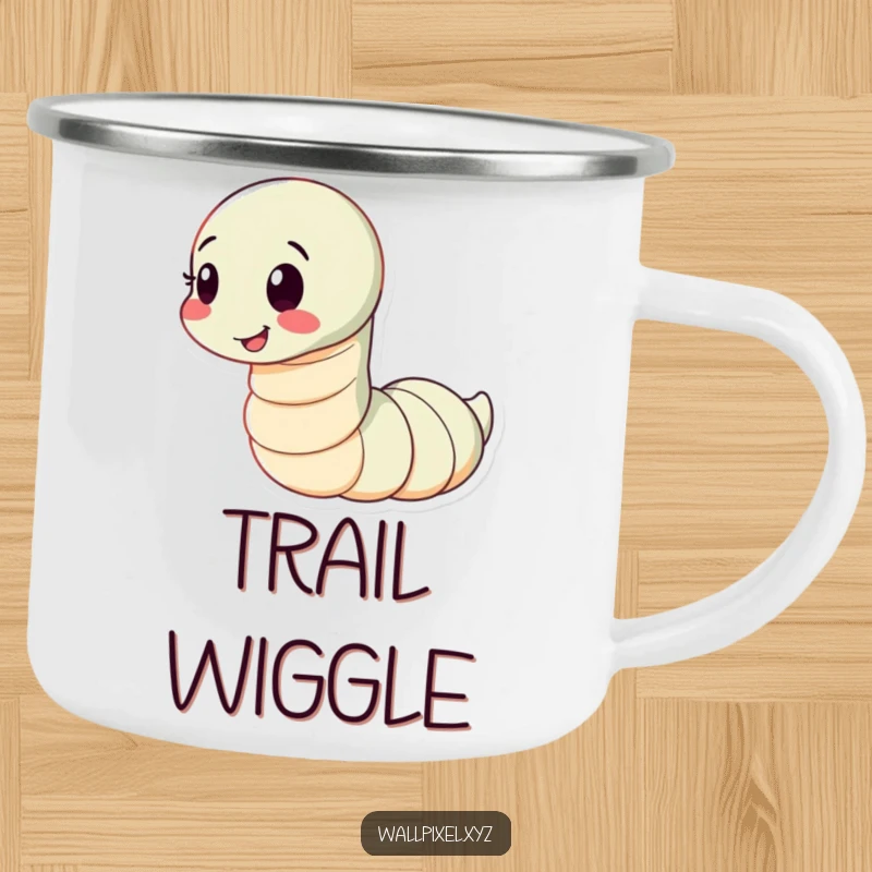 Funny camping mug showing a segmented worm character wiggling playfully with a happy expression, perfect for outdoor enthusiasts.