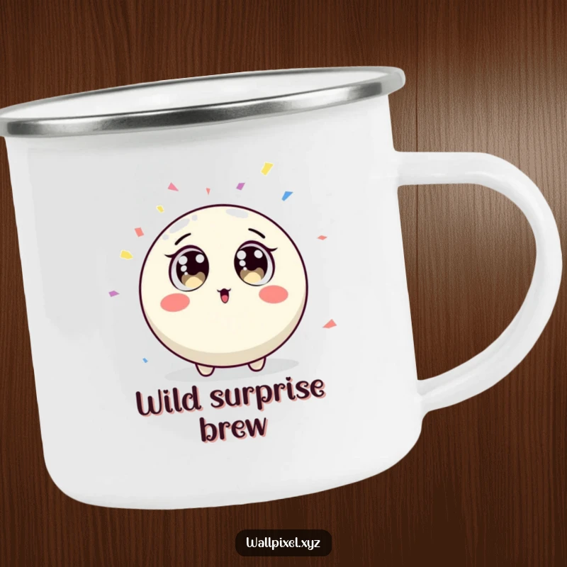 Funny round pixel character with surprised big eyes reacting to falling confetti on a camping mug.