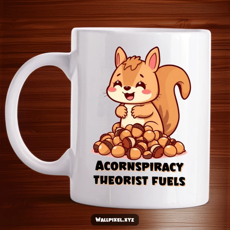 Funny blocky squirrel mug, character excitedly hoarding pixelated acorns, greedy but cute design.