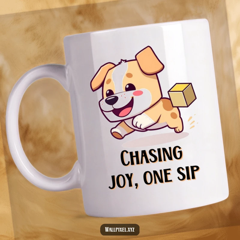 Funny block dog mug showing a happy dog chasing a bouncing pixel cube, representing playful energy and pixel art fun.